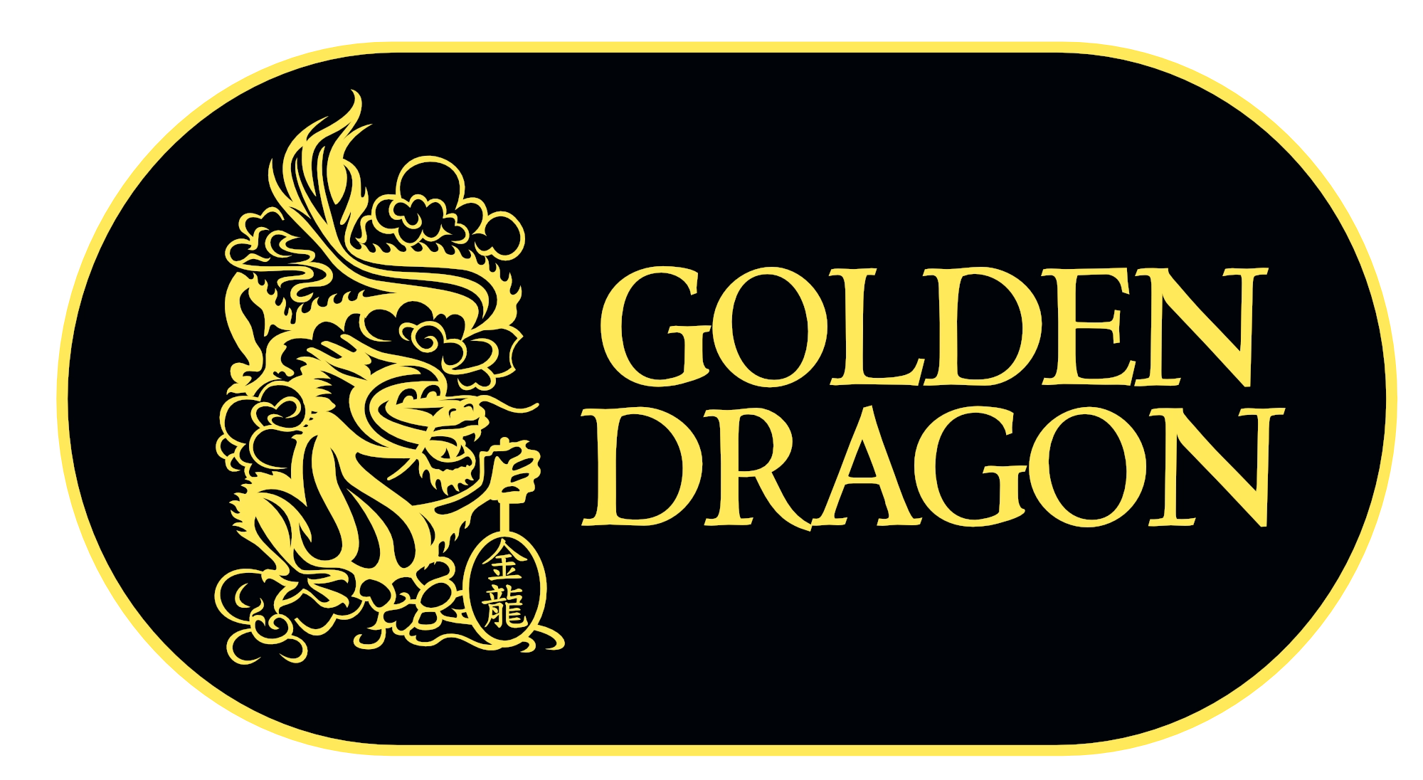 A detailed circular gold logo featuring a stylized dragon coiling around a central pearl, set against a black background with traditional Chinese cloud patterns.