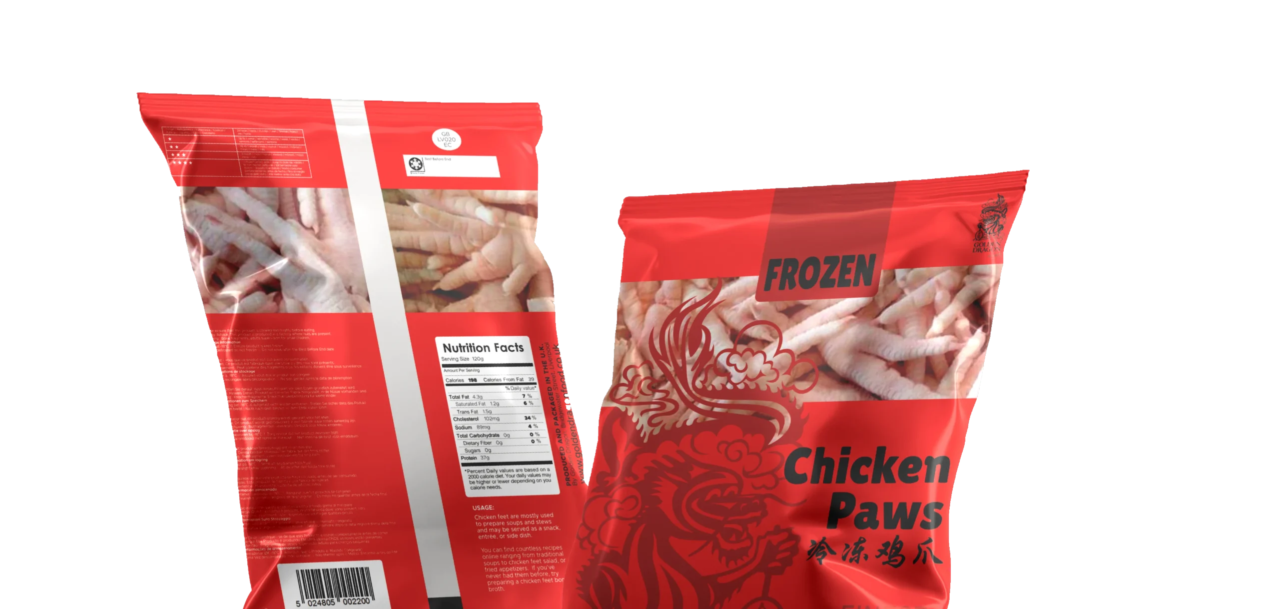Front and back views of a bright red 1kg package of Golden Dragon "Chicken Paws," featuring a large dragon illustration and a clear window showing frozen chicken feet.