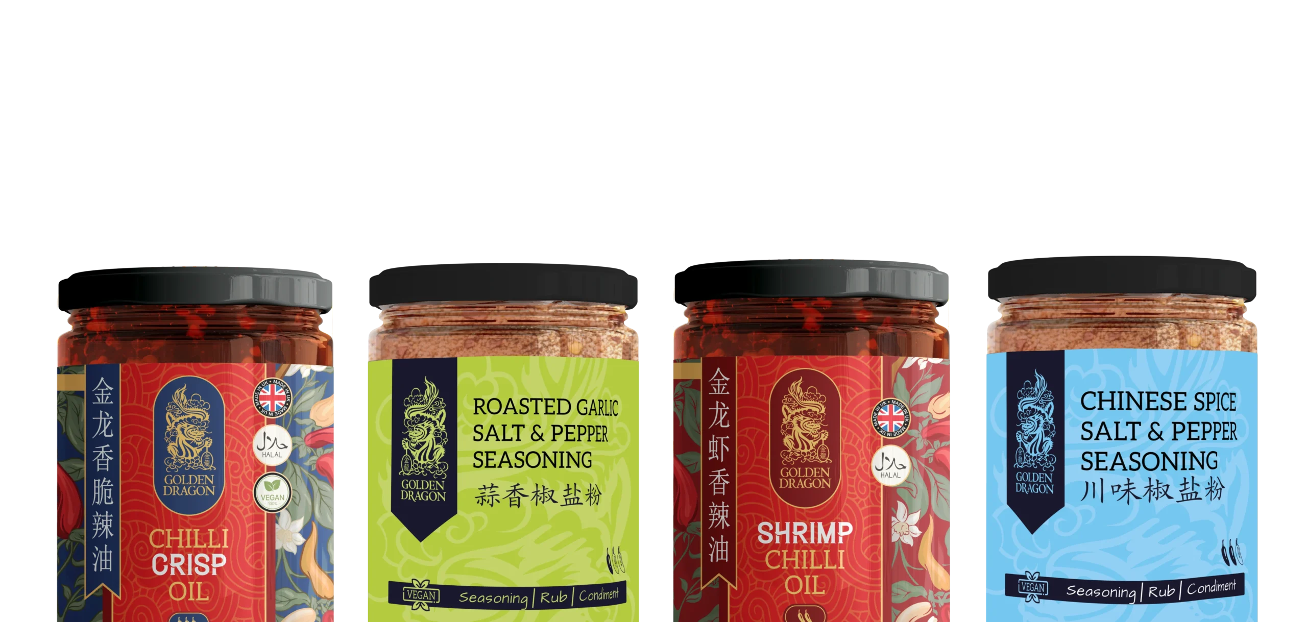 A horizontal lineup of four Golden Dragon products: Chilli Crisp Oil, Roasted Garlic Salt & Pepper Seasoning, Shrimp Chilli Oil, and Chinese Spice Salt & Pepper Seasoning.