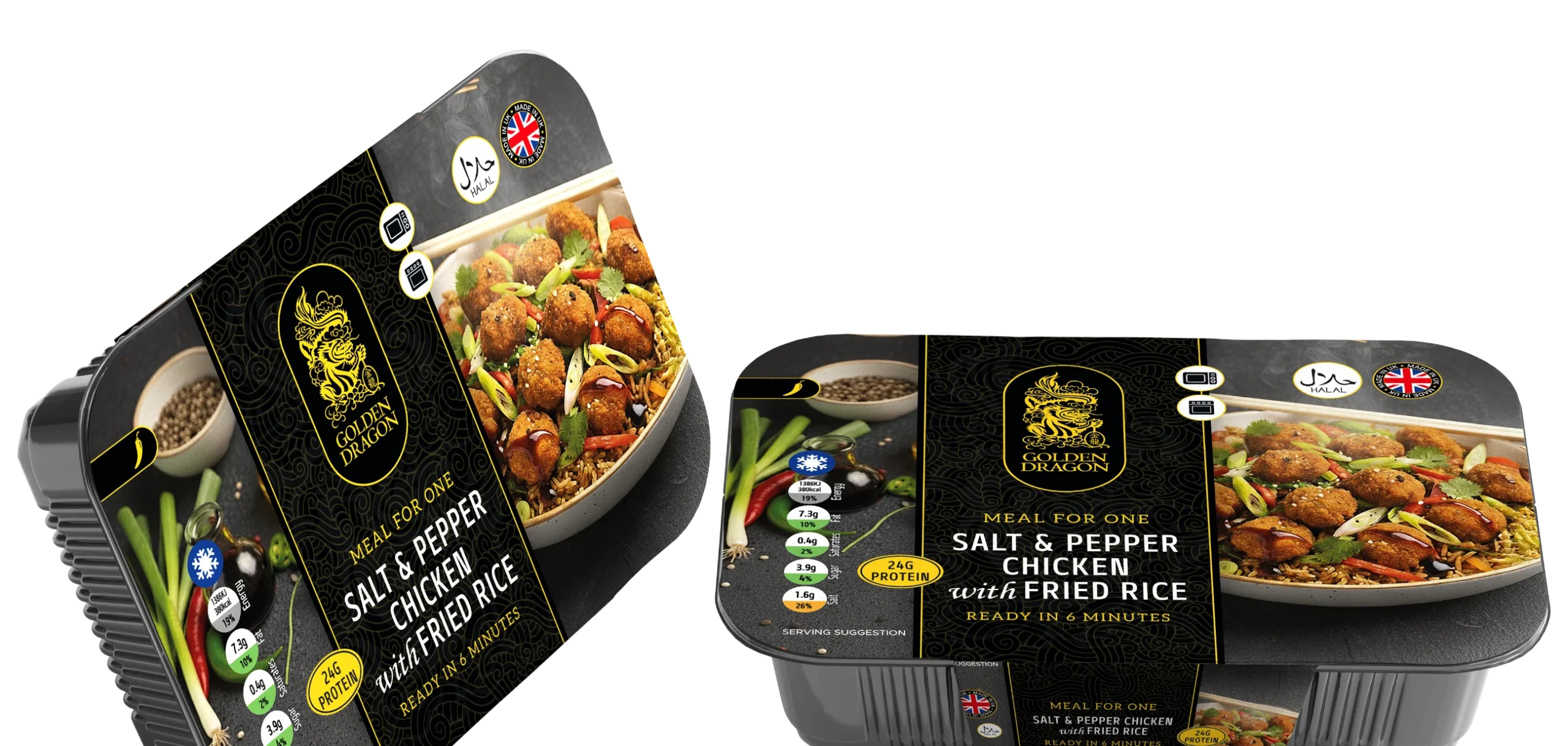 A black plastic tray of Golden Dragon Salt & Pepper Chicken with Fried Rice, featuring a black and gold label with a photo of the dish, a "Made in UK" logo, and a Halal certification.