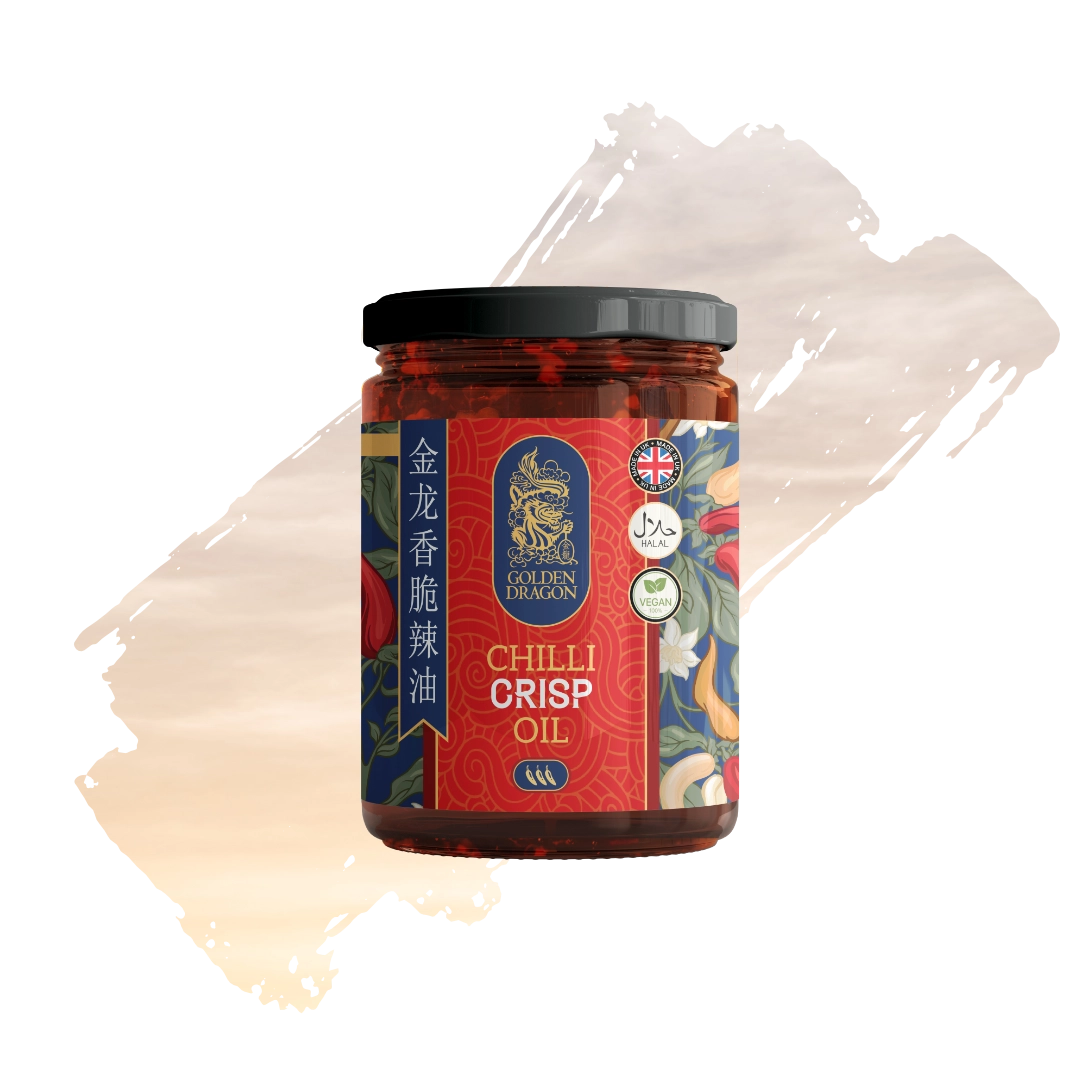 A glass jar of Golden Dragon Chilli Crisp Oil with a vibrant red and blue label, featuring floral patterns, a "Made in UK" logo, and a three-chilli heat rating.