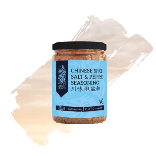 A glass jar of Golden Dragon Chinese Spice Salt and Pepper Seasoning with a light blue label, featuring a black dragon logo and a "Vegan" certification mark.