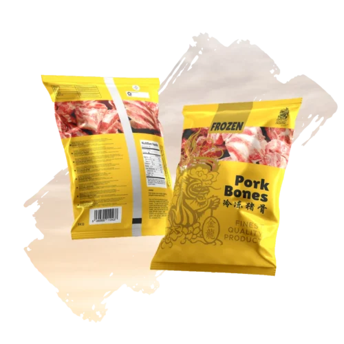 Front and back views of a bright yellow 1kg package of Golden Dragon "Pork Bones," featuring an illustration of a dragon and a clear window showing raw, chopped bone pieces.