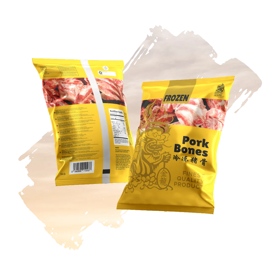 Front and back views of a bright yellow 1kg package of Golden Dragon "Pork Bones," featuring an illustration of a dragon and a clear window showing raw, chopped bone pieces.