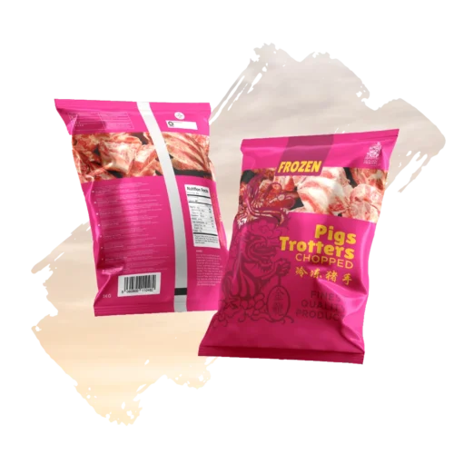 Front and back views of a bright pink 1kg package of Golden Dragon "Pigs Trotters Chopped," featuring an illustration of a dragon and a clear window showing raw, chopped pork pieces.