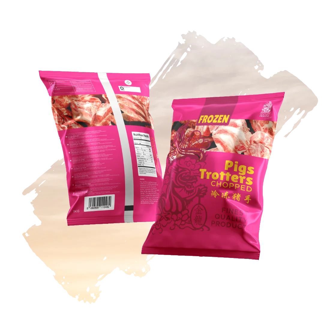 Front and back views of a bright pink 1kg package of Golden Dragon "Pigs Trotters Chopped," featuring an illustration of a dragon and a clear window showing raw, chopped pork pieces.
