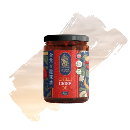 A glass jar of Golden Dragon Chilli Crisp Oil with a vibrant red and blue label, featuring floral patterns, a "Made in UK" logo, and a three-chilli heat rating.