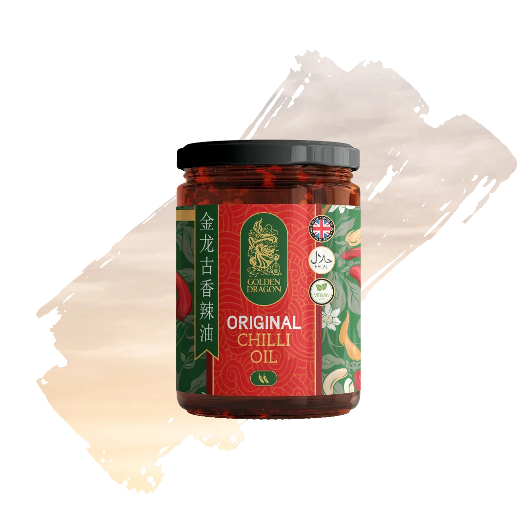 A glass jar of Golden Dragon Original Chilli Oil with a red and green label, featuring floral patterns, a "Made in UK" logo, and a two-chilli heat rating.