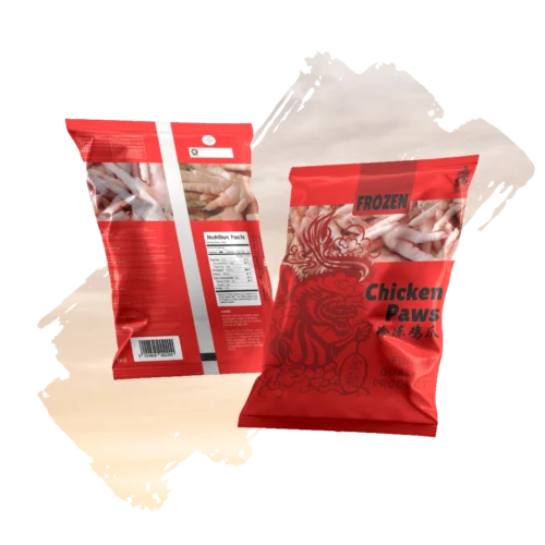 Front and back views of a bright red 1kg package of Golden Dragon "Chicken Paws," featuring a large dragon illustration and a clear window showing frozen chicken feet.