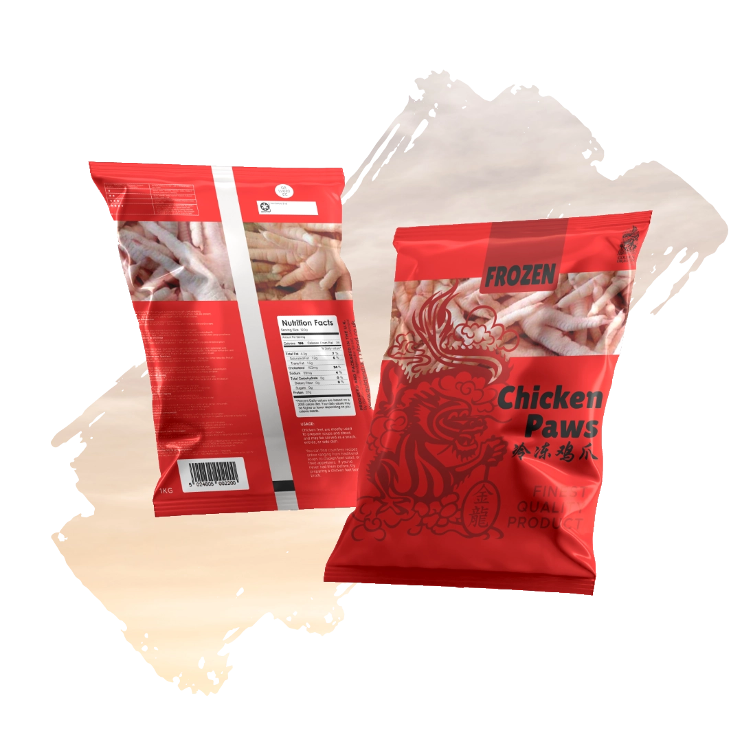 Front and back views of a bright red 1kg package of Golden Dragon "Chicken Paws," featuring a large dragon illustration and a clear window showing frozen chicken feet.
