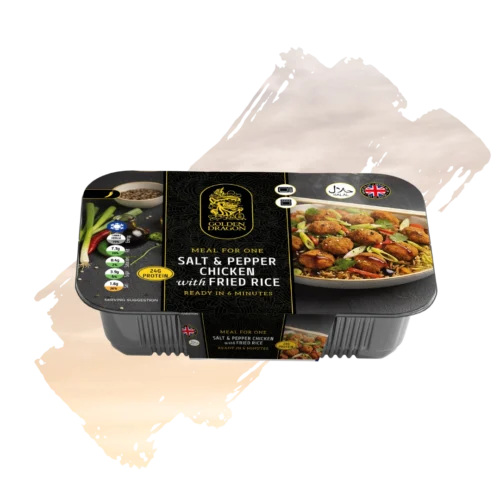 A black plastic tray of Golden Dragon Salt & Pepper Chicken with Fried Rice, featuring a black and gold label with a photo of the dish, a "Made in UK" logo, and a Halal certification