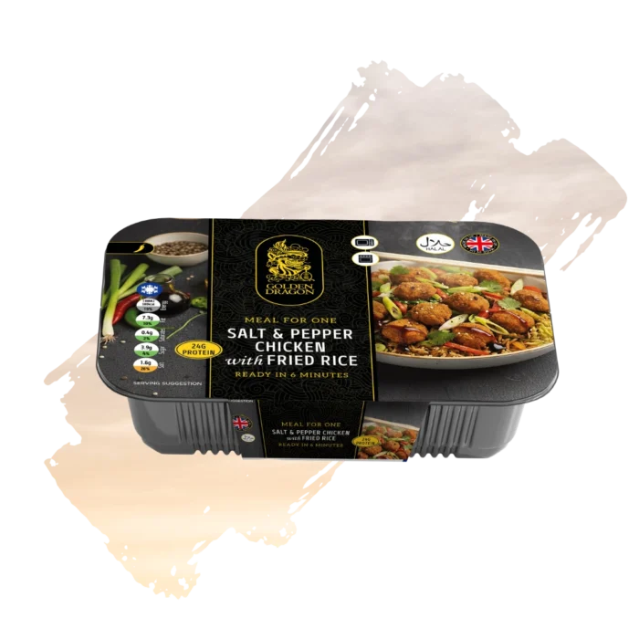 A black plastic tray of Golden Dragon Salt & Pepper Chicken with Fried Rice, featuring a black and gold label with a photo of the dish, a "Made in UK" logo, and a Halal certification