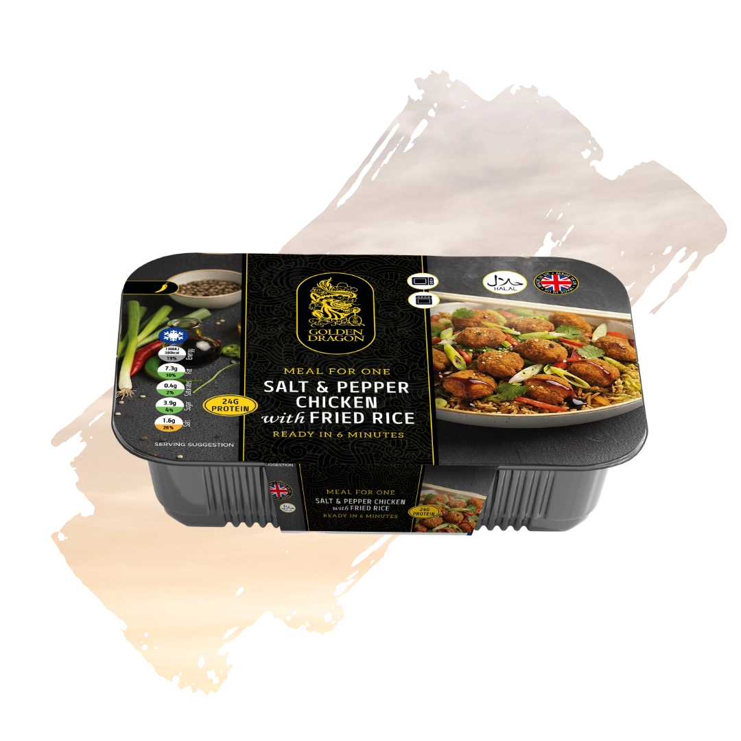 A black plastic tray of Golden Dragon Salt & Pepper Chicken with Fried Rice, featuring a black and gold label with a photo of the dish, a "Made in UK" logo, and a Halal certification