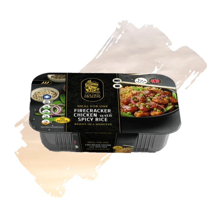 A black plastic tray of Golden Dragon Firecracker Chicken with Spicy Rice, featuring a black and gold label with a photo of the dish, a "Made in UK" logo, and a Halal certification.