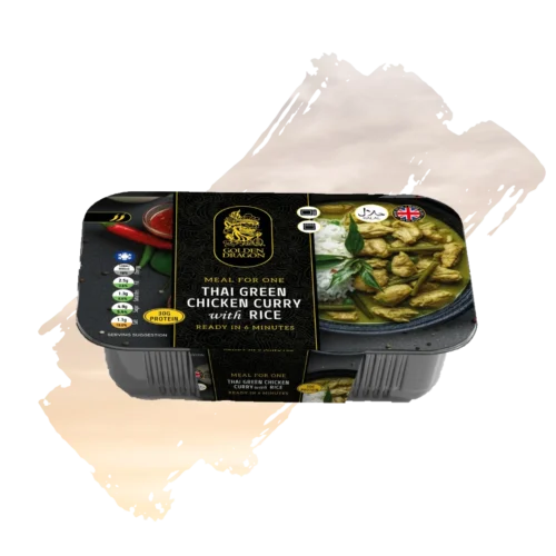 A black plastic tray of Golden Dragon Thai Green Chicken Curry with Rice, featuring a black and gold label with a photo of the dish, a "Made in UK" logo, and a Halal certification.