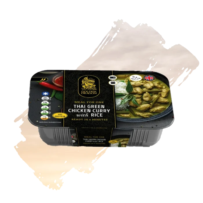 A black plastic tray of Golden Dragon Thai Green Chicken Curry with Rice, featuring a black and gold label with a photo of the dish, a "Made in UK" logo, and a Halal certification.