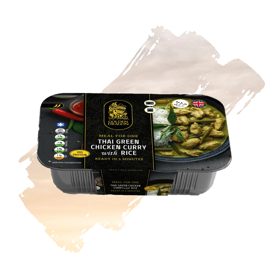 A black plastic tray of Golden Dragon Thai Green Chicken Curry with Rice, featuring a black and gold label with a photo of the dish, a "Made in UK" logo, and a Halal certification.