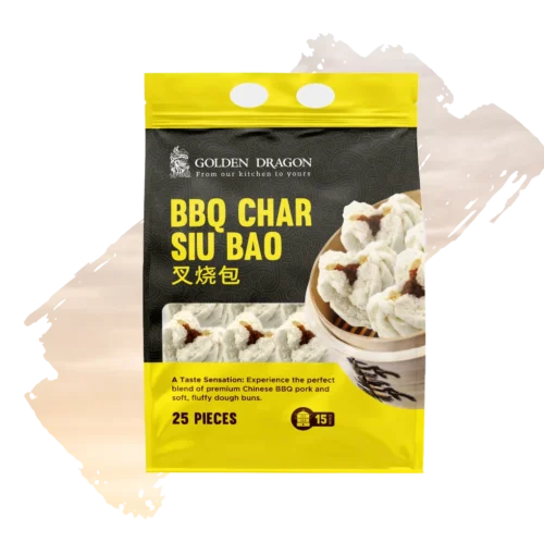 A product package of Golden Dragon BBQ Char Siu Bao containing 25 pieces, featuring a yellow and black design with an image of steamed buns in a bamboo steamer.