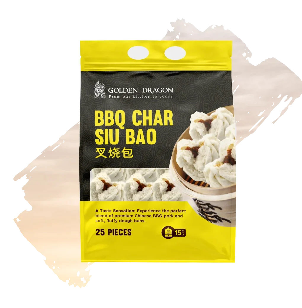 A product package of Golden Dragon BBQ Char Siu Bao containing 25 pieces, featuring a yellow and black design with an image of steamed buns in a bamboo steamer.